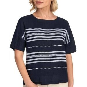 Symple NYC | Womens Size L Blue Embroidered Stripe Linen Top Button Back Scoop